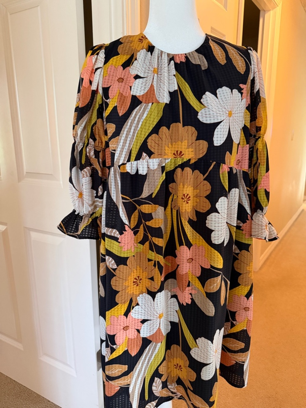 Who What Wear Black Floral Midi Dress with White, Pink, Mustard & Green Accents